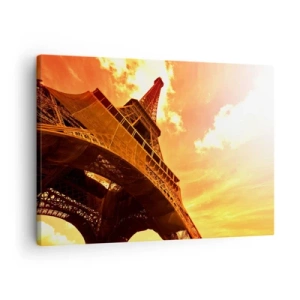 Cuadro sobre lienzo - Impresión de Imagen - La Torre Eiffel contra un cielo dorado durante la puesta de sol - 70x50cm - Monumental, dorado por el sol - Decoración de pared moderna para salón y dormitorio ARTTOR