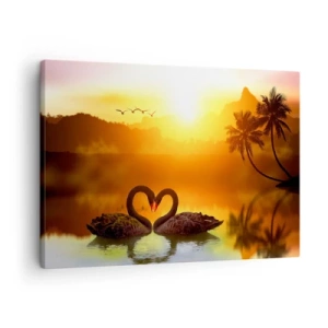 Cuadro sobre lienzo - Impresión de Imagen - Dos cisnes negros formando un corazón con el telón de fondo de un atardecer en el lago. - 70x50cm - Todo a juego - Decoración de pared moderna para salón y dormitorio ARTTOR