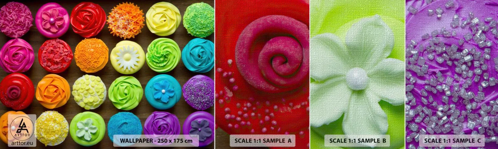 Muestra de fotomural Premium Canvas - Cada uno diferente - todos deliciosos - Gastronomía, galletas coloridas, 3D - 100x30 cm