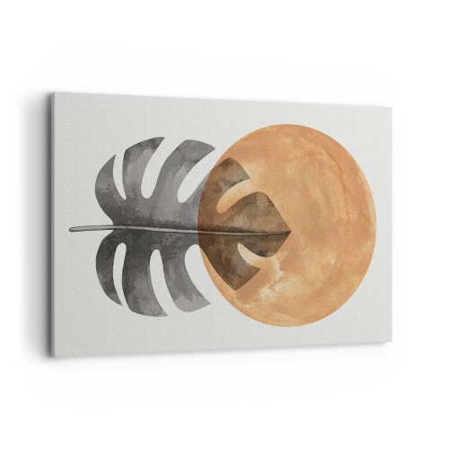 Cuadro sobre lienzo - Impresión de Imagen - Hoja de monstera y círculo dorado sobre un fondo claro - 120x80cm - Siempre el sol - Decoración de pared moderna para salón y dormitorio ARTTOR