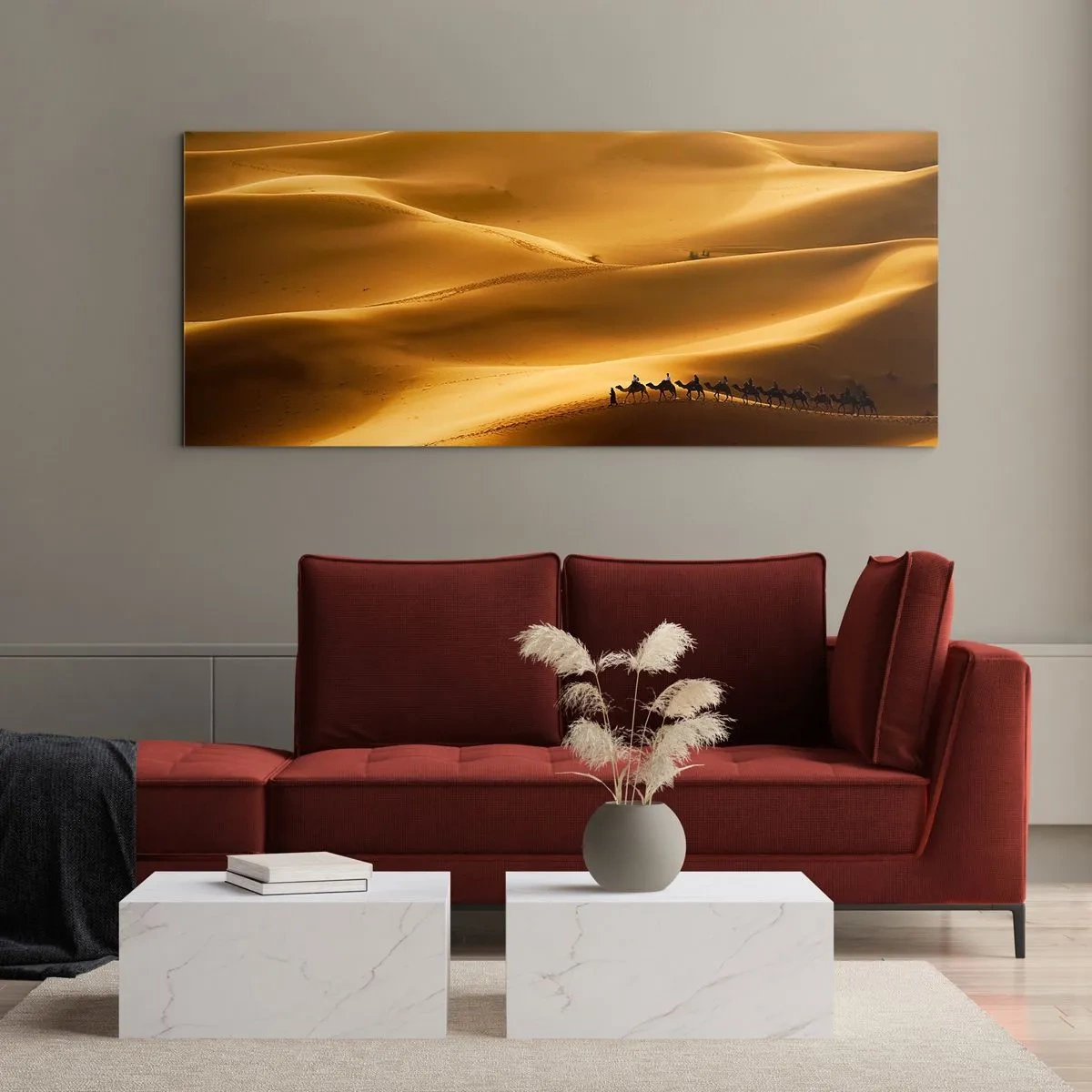Cuadro sobre vidrio - Impresiones sobre Vidrio - Caravana sobre las olas del desierto - 100x40 cm