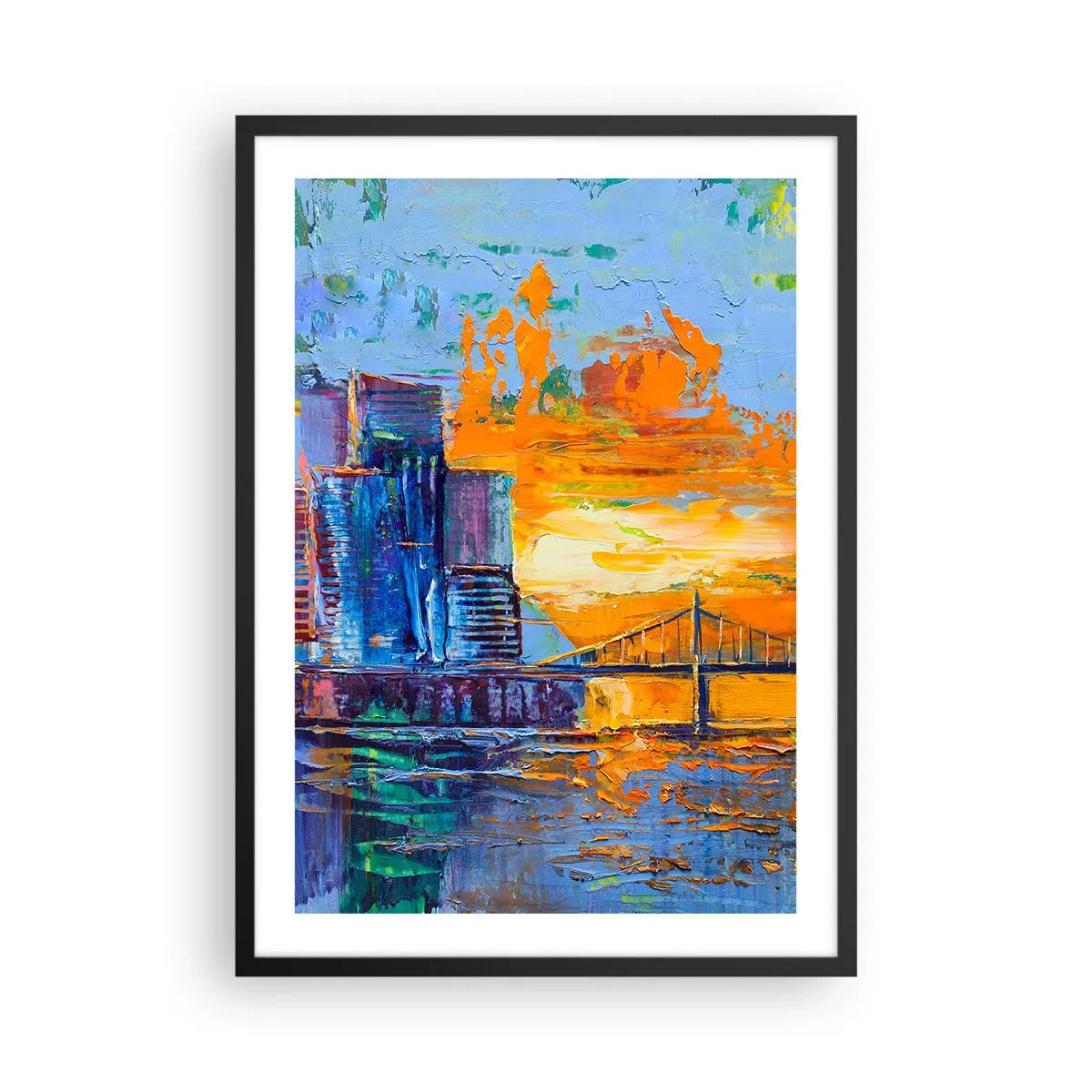 Póster en marco negro - Un puente colorido y la ciudad bajo el resplandor del sol poniente. - 50x70cm - Cultura y naturaleza - Decoración de pared moderna para salón y dormitorio ARTTOR