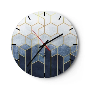 Reloj de pared - Reloj de vidrio - Patrón de cubo geométrico en tonos azules y dorados. - 30x30cm - Composición rítmica visual - Decoración de pared moderna para salón, cocina y dormitorio ARTTOR