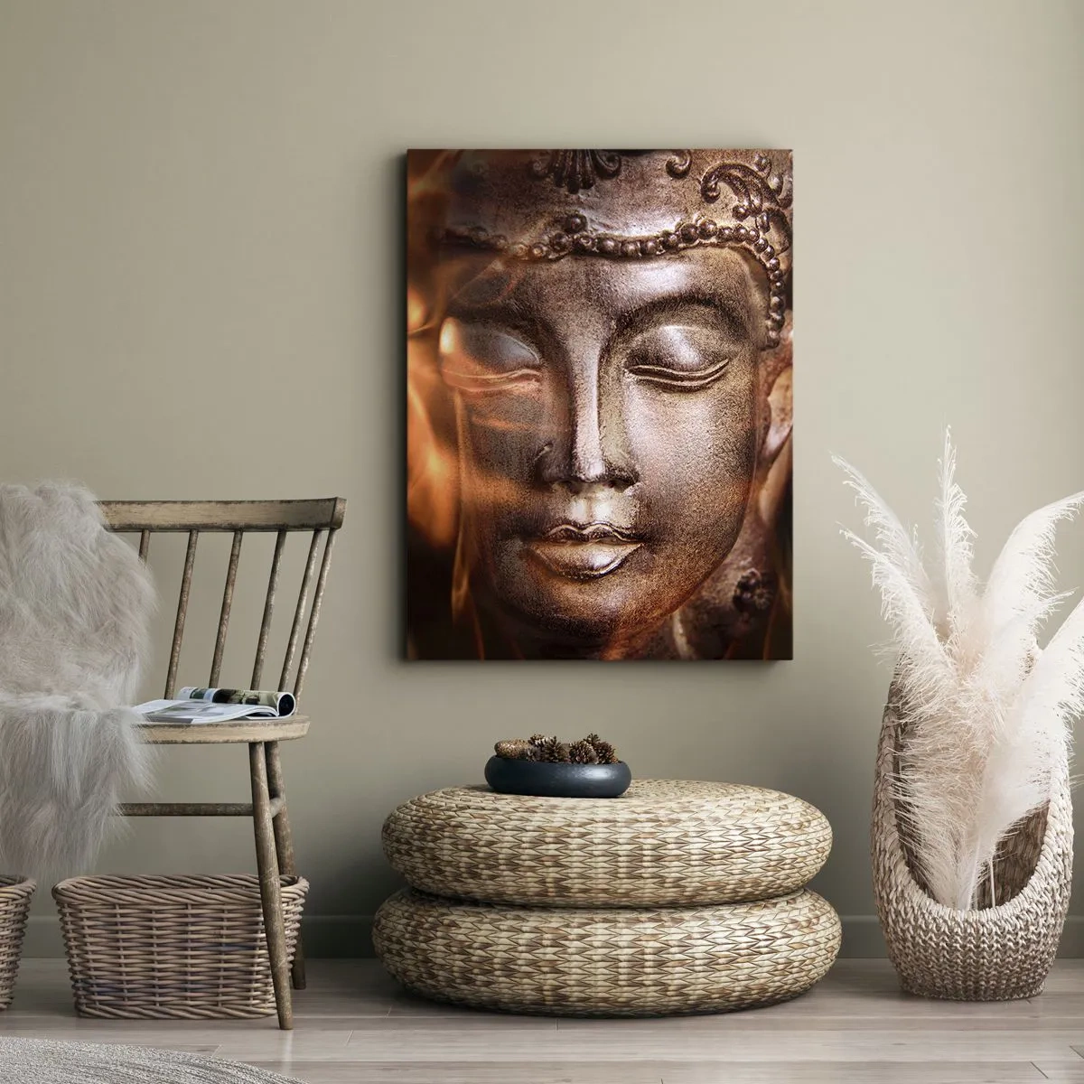 Cuadro sobre lienzo - Impresión de Imagen - Una estatua de Buda en medio de llamas de tonos dorados. - 70x100cm - Solo existe el aquí y el ahora - Decoración de pared moderna para salón y dormitorio ARTTOR