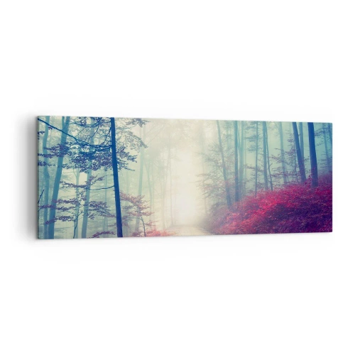 Cuadro sobre lienzo - Impresión de Imagen - Un sendero forestal mágico rodeado de árboles y niebla. - 140x50cm - Qué bueno es levantarse al amanecer - Decoración de pared moderna para salón y dormitorio ARTTOR