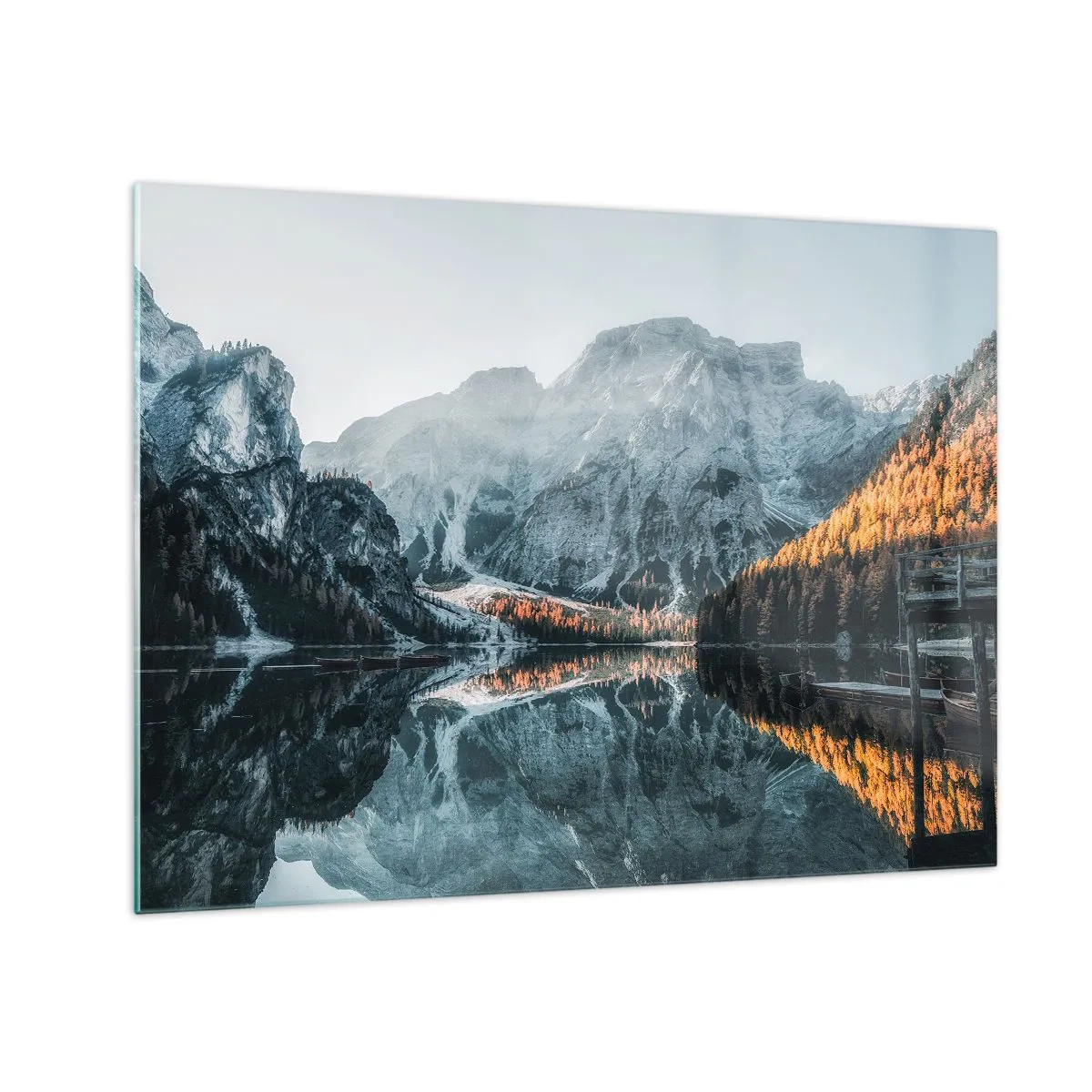 Cuadro sobre vidrio - Impresiones sobre Vidrio - Un paisaje de montaña reflejado en la tranquila superficie del lago. - 70x50cm - Paisaje en el espejo - Decoración de pared moderna para salón y dormitorio ARTTOR