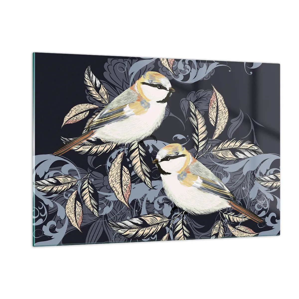 Cuadro sobre vidrio - Impresiones sobre Vidrio - Ilustración de dos pájaros sobre un fondo oscuro con adornos. - 120x80cm - En la copa del árbol - Decoración de pared moderna para salón y dormitorio ARTTOR