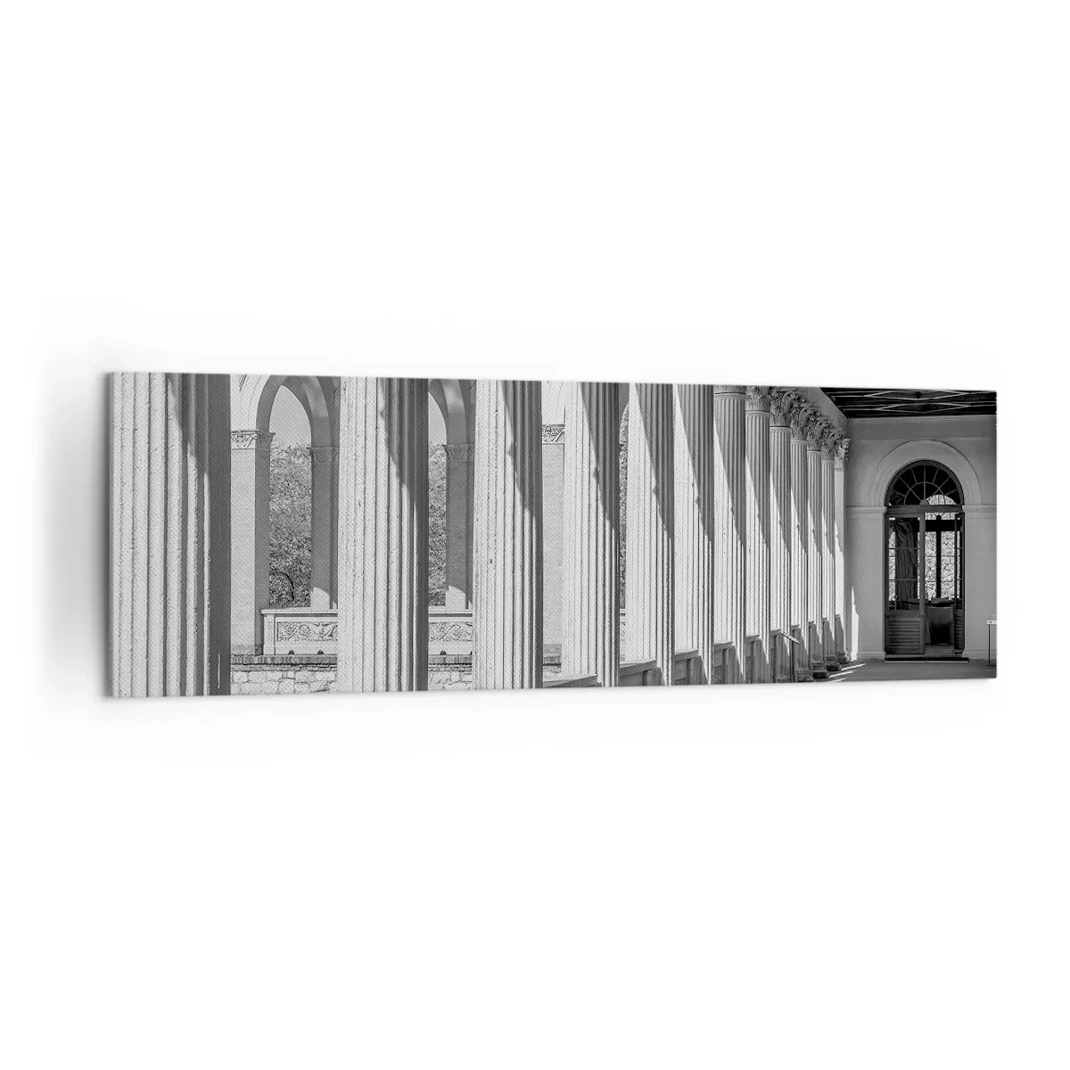 Cuadro sobre lienzo - Impresión de Imagen - Columnata de estilo clásico en blanco y negro - 160x50cm - Galería soleada - Decoración de pared moderna para salón y dormitorio ARTTOR