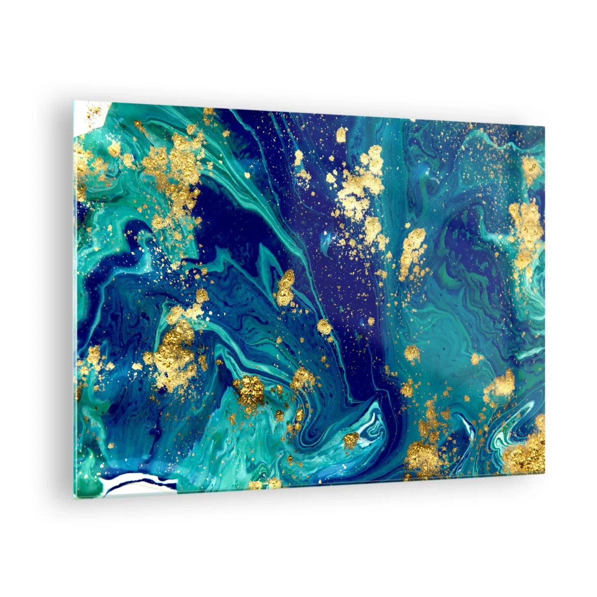 Cuadro sobre vidrio - Impresiones sobre Vidrio - Un patrón abstracto en tonos turquesa y azul marino con acentos dorados. - 70x50cm - Pétalos de sol - Decoración de pared moderna para salón y dormitorio ARTTOR