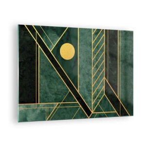 Cuadro sobre vidrio - Impresiones sobre Vidrio - Abstracción geométrica verde y dorada en estilo Art Déco - 70x50cm - La dinámica del oro y el azul - Decoración de pared moderna para salón y dormitorio ARTTOR