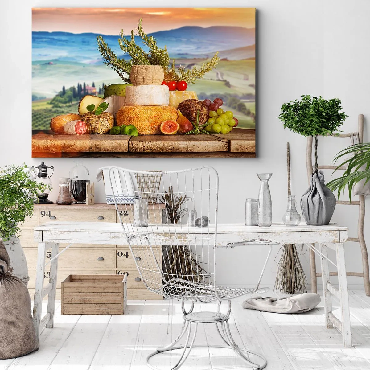 Cuadro sobre lienzo - Impresión de Imagen - Una composición de quesos y frutas con el paisaje toscano como telón de fondo. - 120x80cm - La alegría de vivir italiana - Decoración de pared moderna para salón y dormitorio ARTTOR
