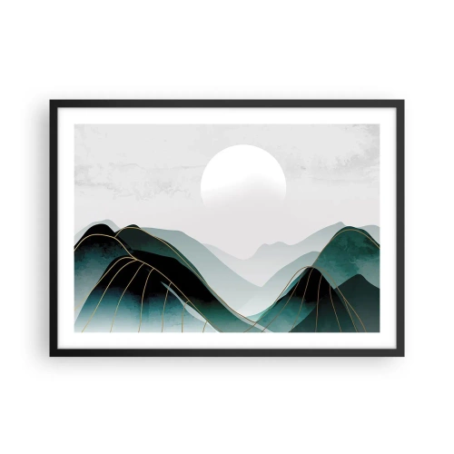 Póster en marco negro - Paisaje montañoso abstracto con la luna y líneas doradas. - 70x50cm - Con toda la majestuosidad - Decoración de pared moderna para salón y dormitorio ARTTOR