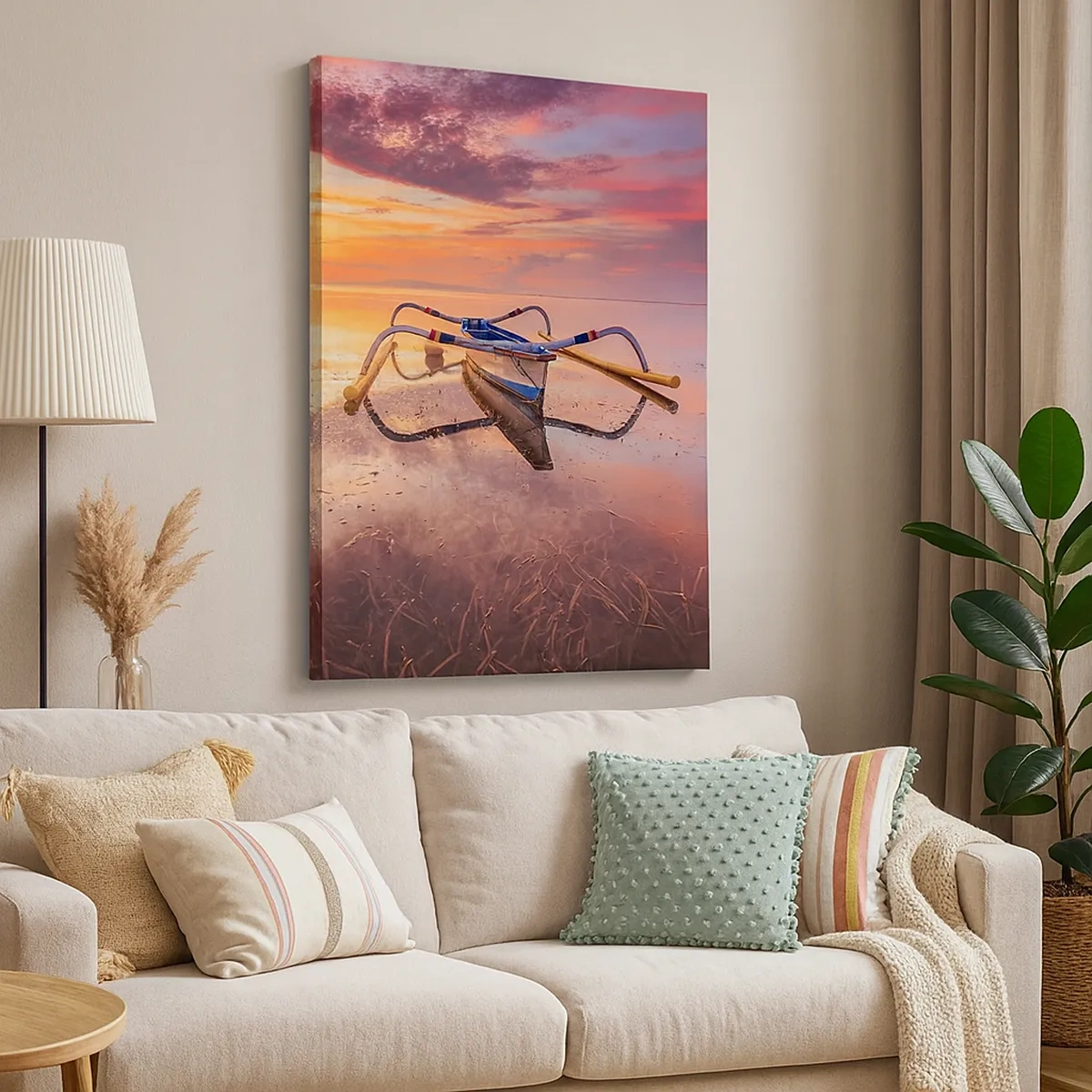 Cuadro sobre lienzo - Impresión de Imagen - Un barco en aguas tranquilas al atardecer. - 50x70cm - Calma de una tarde tropical - Decoración de pared moderna para salón y dormitorio ARTTOR