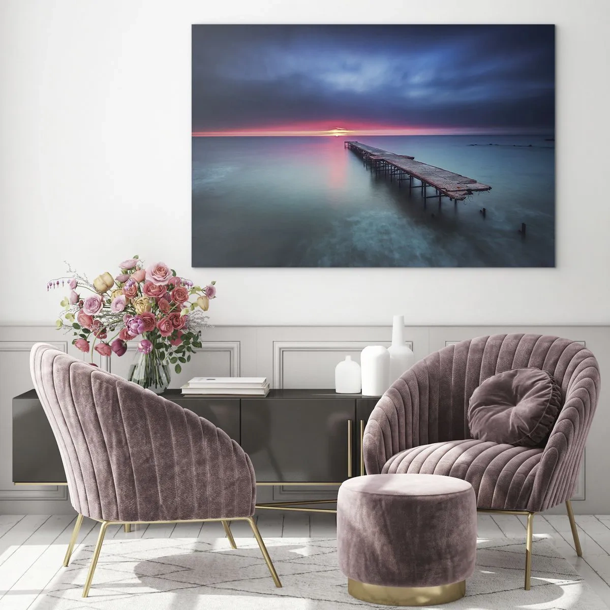 Cuadro sobre vidrio - Impresiones sobre Vidrio - Muelle que conduce hacia la puesta del sol - 120x80cm - Entre el cielo y el agua - Decoración de pared moderna para salón y dormitorio ARTTOR