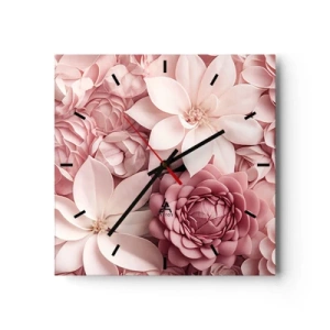 Reloj de pared - Reloj de vidrio - Flores en tonos rosa y blanco en un enfoque artístico. - 30x30cm - Entre pétalos rosas - Decoración de pared moderna para salón y dormitorio ARTTOR
