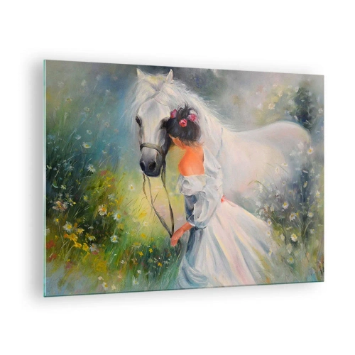 Cuadro sobre vidrio - Impresiones sobre Vidrio - Una mujer con un vestido blanco con un caballo blanco en un prado lleno de flores. - 70x50cm - Como si de un hermoso sueño se tratara - Decoración de pared moderna para salón y dormitorio ARTTOR
