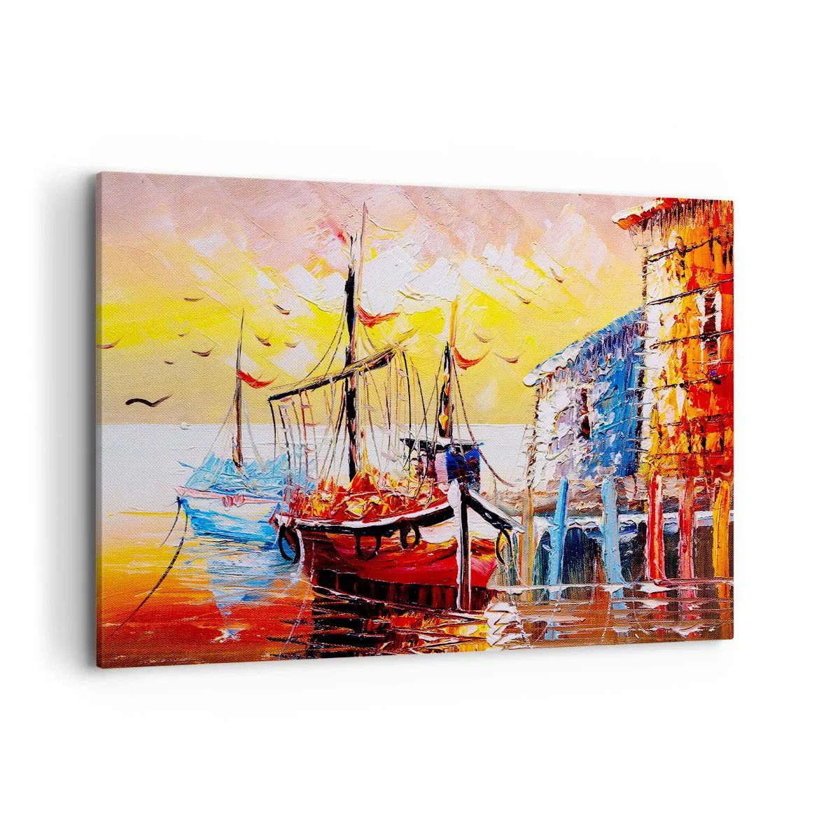 Cuadro sobre lienzo - Impresión de Imagen - Puerto pintoresco al atardecer con barcos de pesca - 100x70cm - Feliz regreso - Decoración de pared moderna para salón y dormitorio ARTTOR