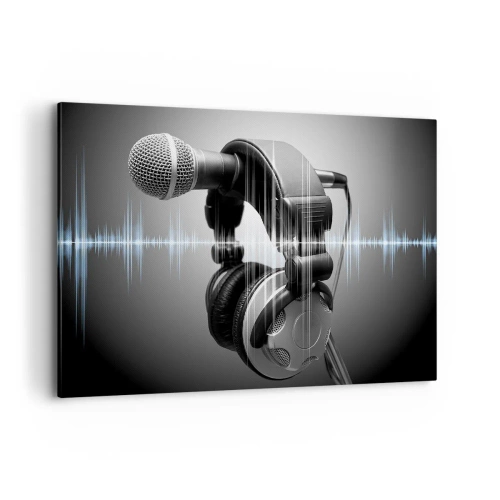 Cuadro sobre lienzo - Impresión de Imagen - Micrófono y auriculares con visualización de ondas sonoras de fondo. - 100x70cm - Todavía se puede escuchar el canto - Decoración de pared moderna para salón y dormitorio ARTTOR
