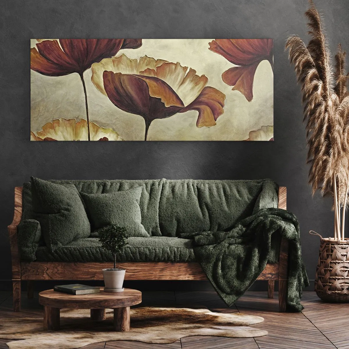 Cuadro sobre lienzo - Impresión de Imagen - Flores sutiles en tonos rojos y dorados sobre un fondo claro. - 140x50cm - Prado de prados - Decoración de pared moderna para salón y dormitorio ARTTOR