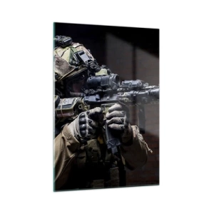 Cuadro sobre vidrio - Impresiones sobre Vidrio - Un soldado con equipo completo y un rifle contra una pared de ladrillos. - 50x70cm - Mortalmente eficaz - Decoración de pared moderna para salón y dormitorio ARTTOR