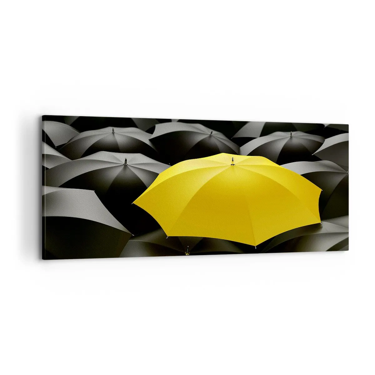Cuadro sobre lienzo - Impresión de Imagen - Un paraguas amarillo entre paraguas negros. - 120x50cm - Adiós a la tristeza - Decoración de pared moderna para salón y dormitorio ARTTOR