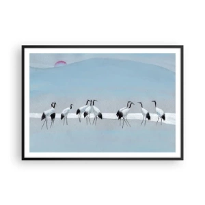 Póster en marco negro - Un grupo de grullas contra un cielo azul y el sol naciente. - 100x70cm - Después de un día caluroso - Decoración de pared moderna para salón y dormitorio ARTTOR