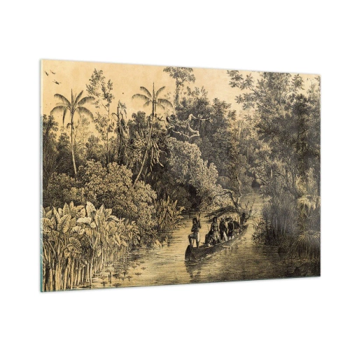 Cuadro sobre vidrio - Impresiones sobre Vidrio - Impresión retro que representa un viaje por la jungla. - 100x70cm - Expedición a la fuente - Decoración de pared moderna para salón y dormitorio ARTTOR