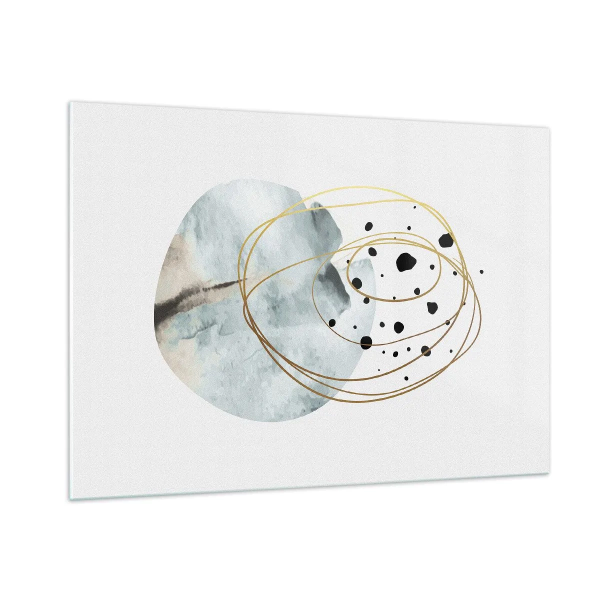 Cuadro sobre vidrio - Impresiones sobre Vidrio - Composición abstracta con una mancha azul y líneas doradas. - 100x70cm - El concepto del espacio - Decoración de pared moderna para salón y dormitorio ARTTOR