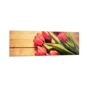 Cuadro sobre vidrio - Impresiones sobre Vidrio - Un ramo de tulipanes rosas sobre un fondo de madera. - 160x50cm - Una confesión primaveral - Decoración de pared moderna para salón y dormitorio ARTTOR