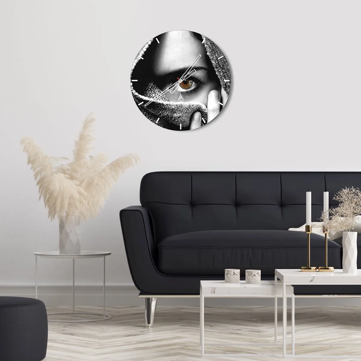 Reloj de pared - Reloj de vidrio - Look en blanco y negro oculto tras la tela. - 30x30cm - Conoce el misterio - Decoración de pared moderna para salón, cocina y dormitorio ARTTOR