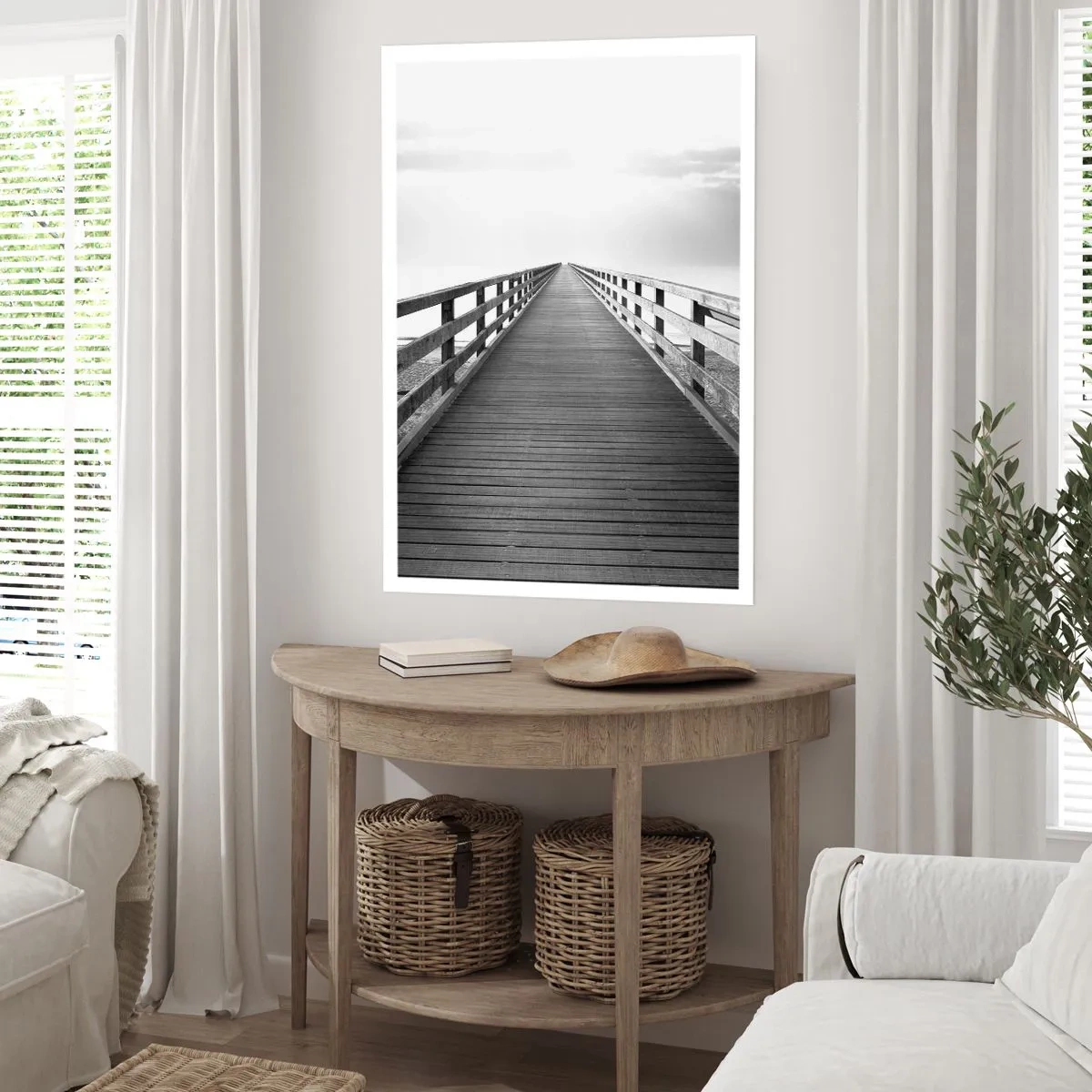 Póster - Un puente blanco y negro que conduce al infinito. - 50x70cm - En la distancia... - Decoración de pared moderna para salón y dormitorio ARTTOR