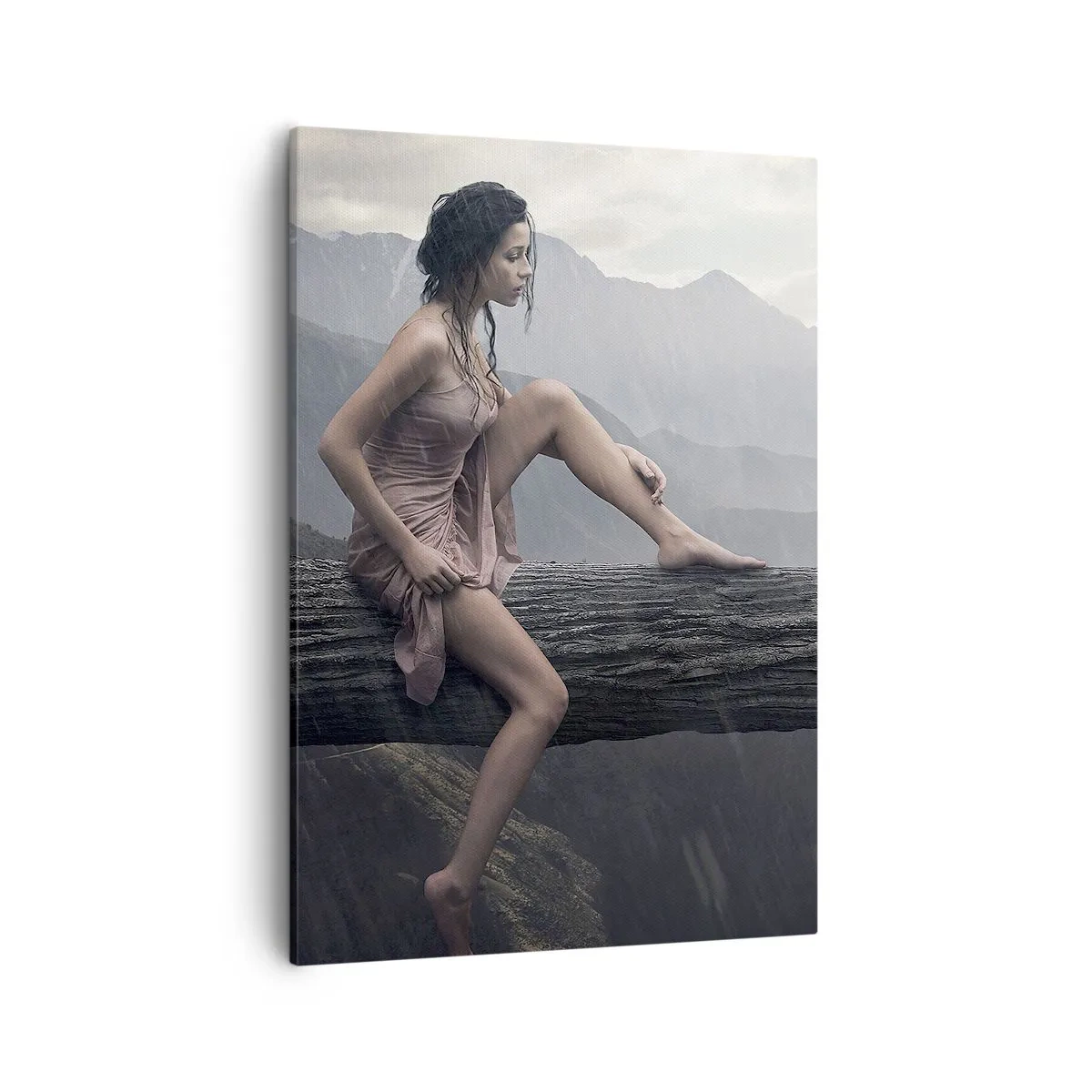 Cuadro sobre lienzo - Impresión de Imagen - Una mujer y un gato en el tronco de un árbol bajo la lluvia con vistas a las montañas. - 50x70cm - Picos de belleza - Decoración de pared moderna para salón y dormitorio ARTTOR