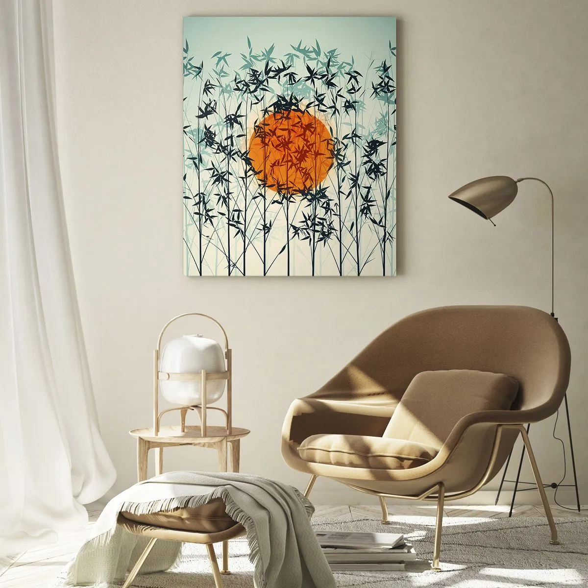 Cuadro sobre vidrio - Impresiones sobre Vidrio - Sol naranja entre las ramas de bambú. - 70x100cm - El sol de Japón - Decoración de pared moderna para salón y dormitorio ARTTOR