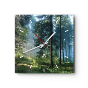 Reloj de pared - Reloj de vidrio - Un sendero forestal iluminado por los rayos del sol de la mañana. - 30x30cm - Radiante por la mañana - Decoración de pared moderna para salón y dormitorio ARTTOR