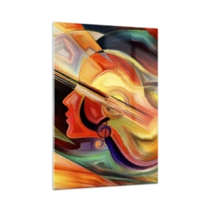 Cuadro sobre vidrio - Impresiones sobre Vidrio - Retrato abstracto con una guitarra y notas musicales al fondo. - 50x70cm - Juego musical - Decoración de pared moderna para salón y dormitorio ARTTOR