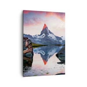 Cuadro sobre lienzo - Impresión de Imagen - Un pico de montaña reflejado en un lago al atardecer. - 50x70cm - El corazón de las montañas arde - Decoración de pared moderna para salón y dormitorio ARTTOR