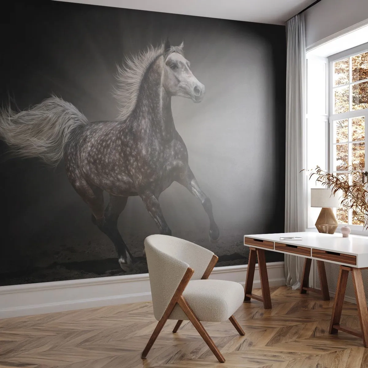 Fotomural Premium Sand - El gris es hermoso - animales, caballo arabe, Naturaleza - 200x140 cm