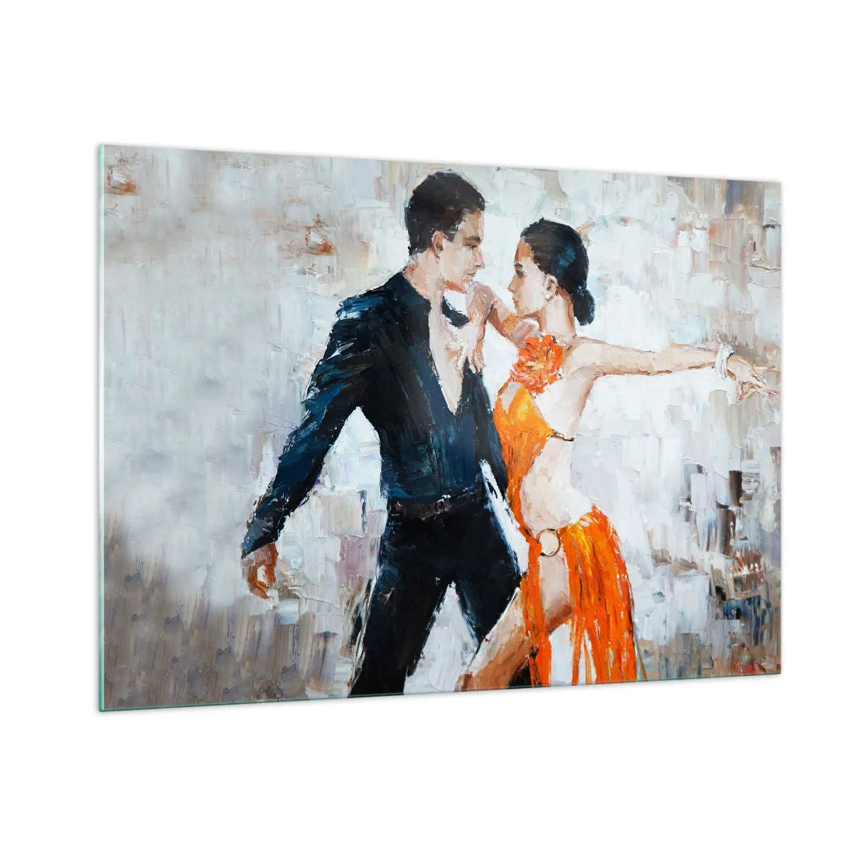 Cuadro sobre vidrio - Impresiones sobre Vidrio - Una pareja bailando en una pose dinámica frente a un fondo de estilo impresionista. - 100x70cm - Dirty dancing - Decoración de pared moderna para salón y dormitorio ARTTOR