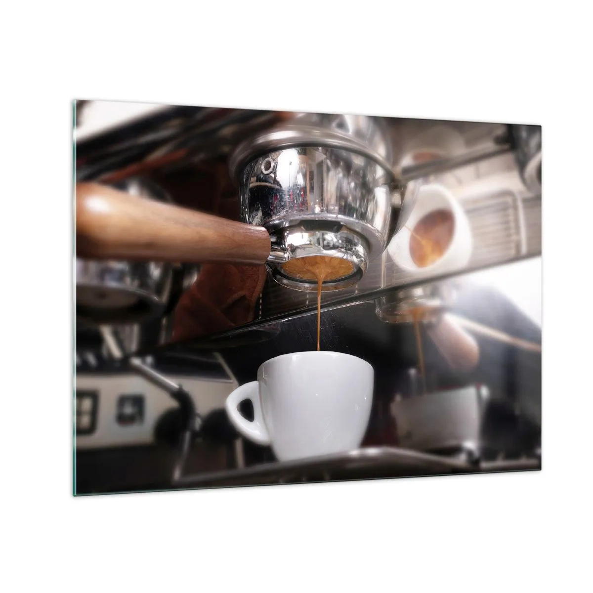 Cuadro sobre vidrio - Impresiones sobre Vidrio - Primer plano de una taza de café que se vierte desde una cafetera a presión. - 70x50cm - El mejor momento del día - Decoración de pared moderna para salón y dormitorio ARTTOR