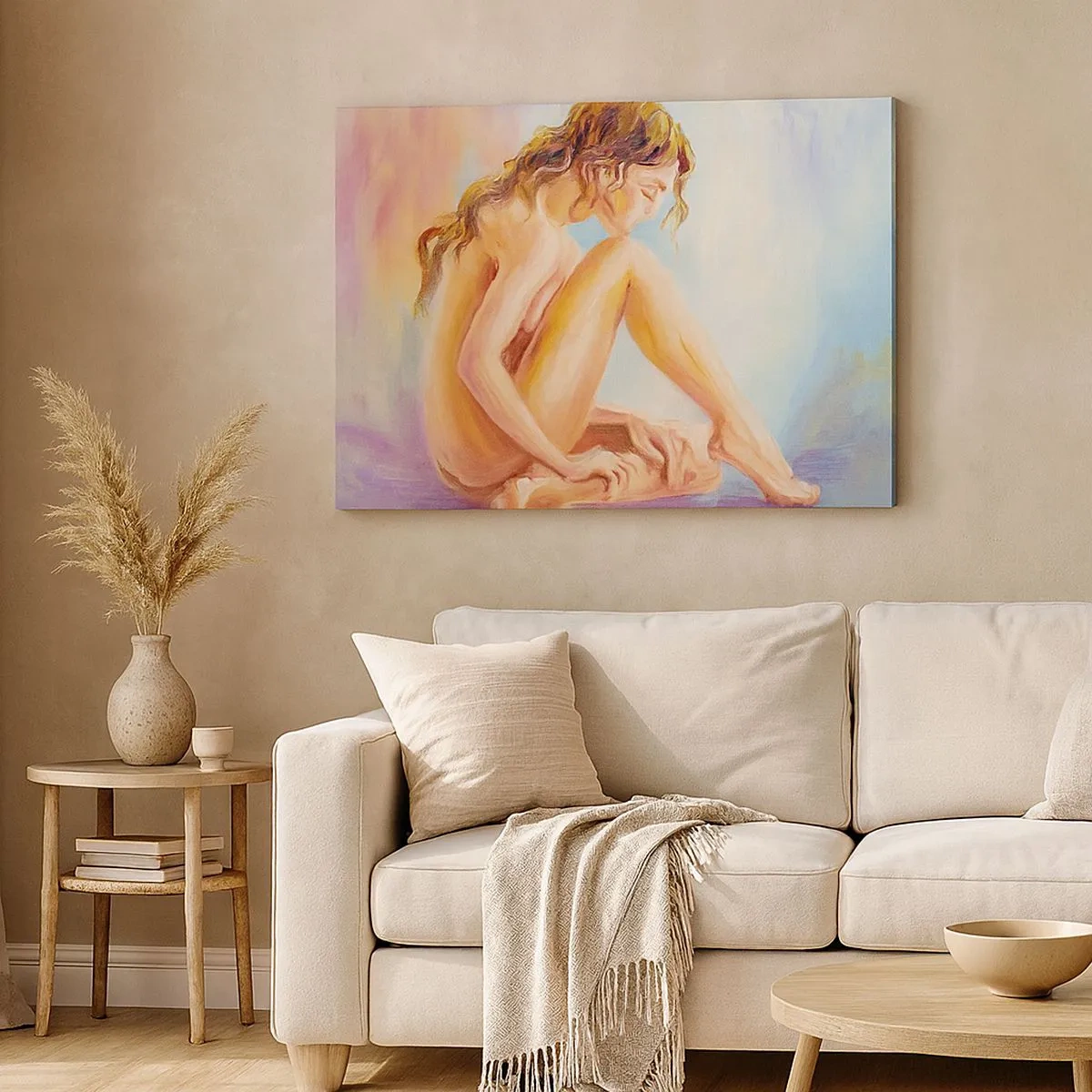 Cuadro sobre lienzo - Impresión de Imagen - Una delicada figura de una mujer sobre un fondo pastel. - 70x50cm - Acto de juventud - Decoración de pared moderna para salón y dormitorio ARTTOR