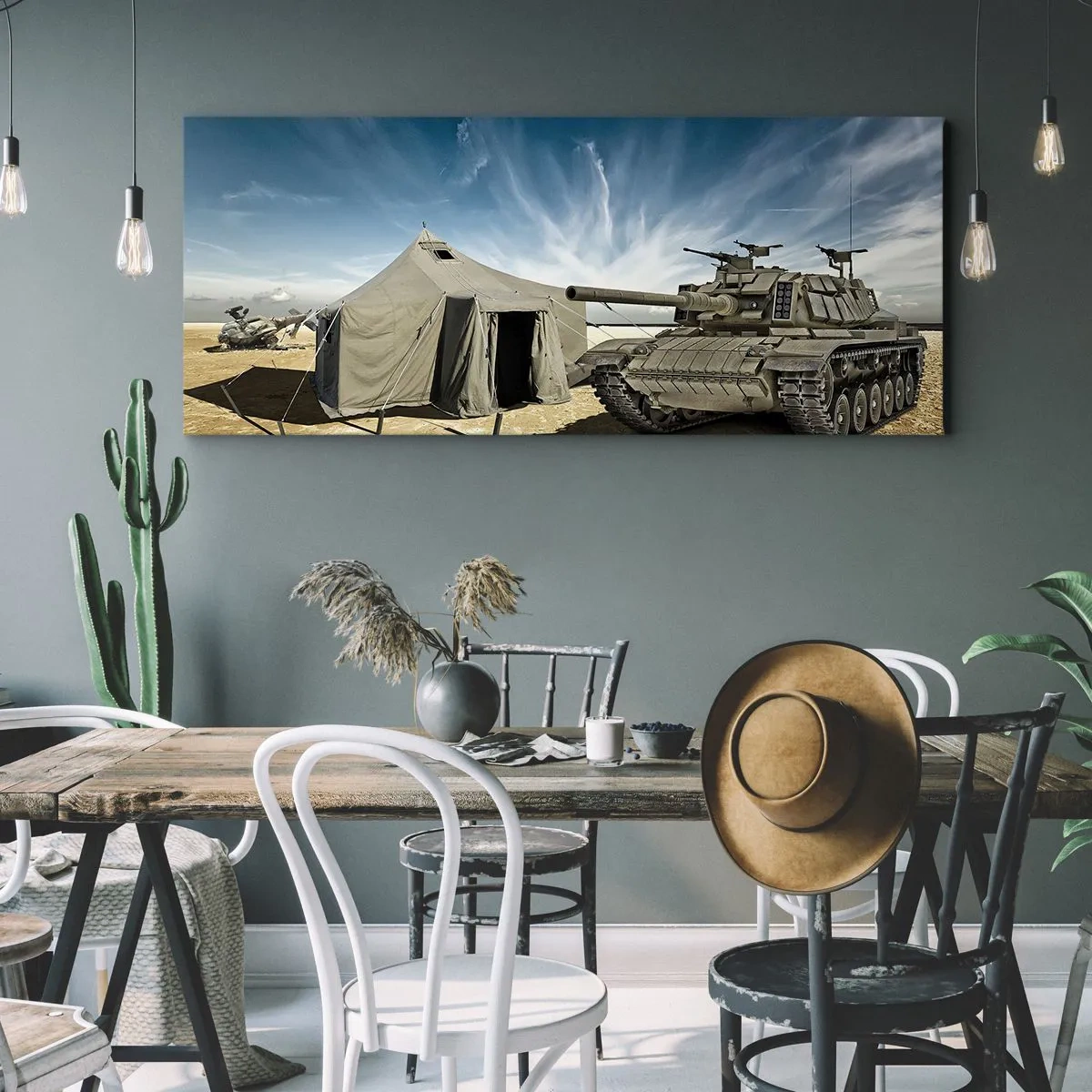 Cuadro sobre lienzo - Impresión de Imagen - Un tanque junto a una tienda militar en una zona desértica. - 160x50cm - Campaña militar - Decoración de pared moderna para salón y dormitorio ARTTOR