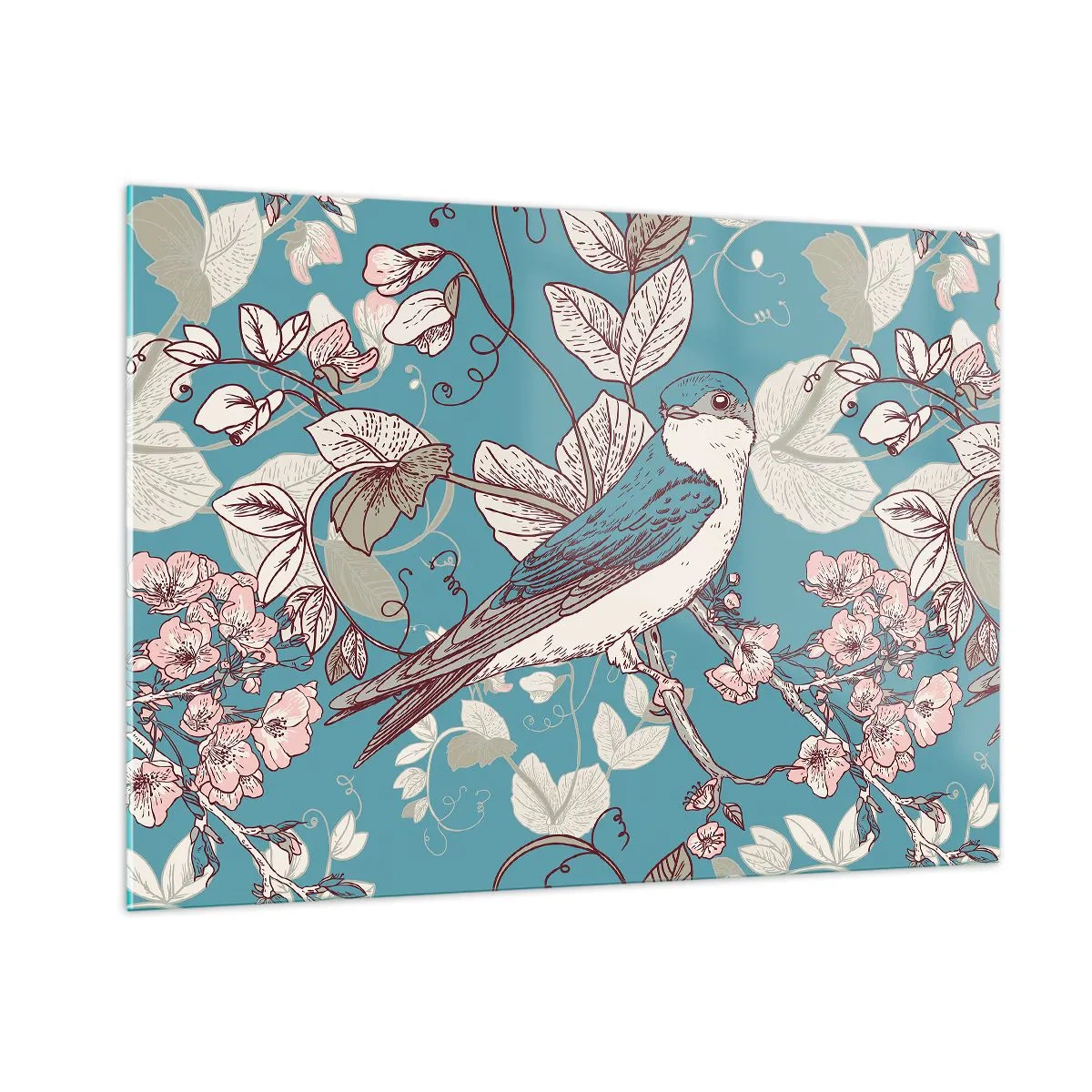 Cuadro sobre vidrio - Impresiones sobre Vidrio - Un pájaro en una rama entre flores sobre un fondo turquesa. - 100x70cm - En el cerezo - Decoración de pared moderna para salón y dormitorio ARTTOR