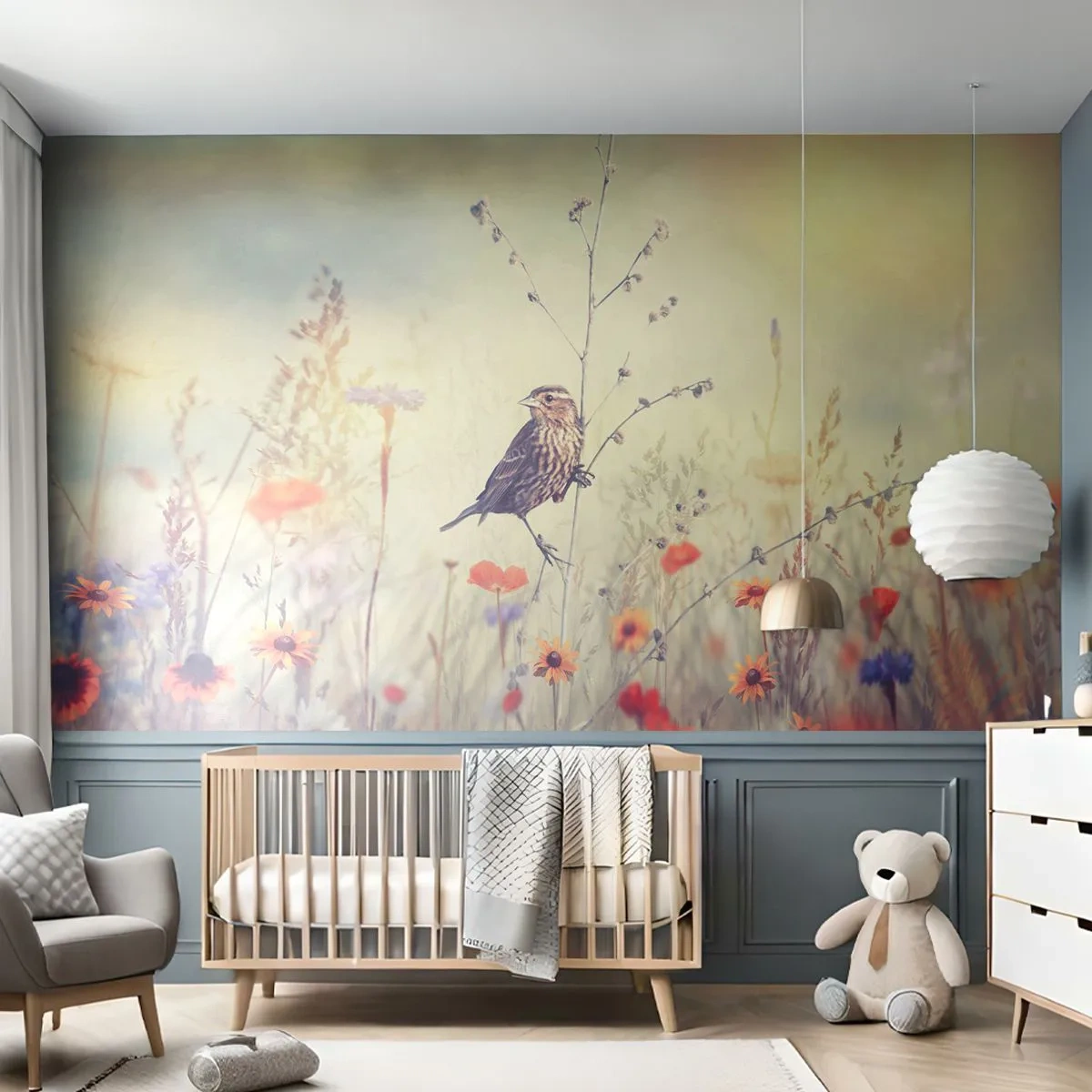 Fotomural Standard Eco - Un pájaro en una rama en un prado florido bajo la suave luz. - 100x70cm - Retrato de pájaro con prado de fondo - Decoración de pared moderna para salón y dormitorio ARTTOR