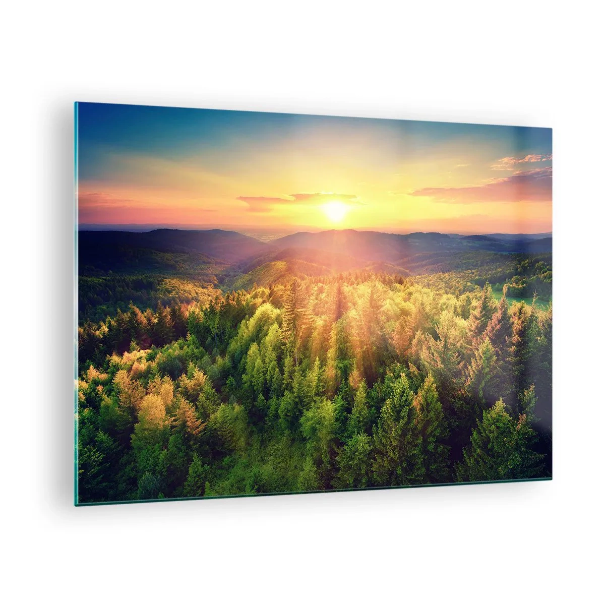 Cuadro sobre vidrio - Impresiones sobre Vidrio - Puesta de sol sobre un bosque de montaña con vistas a los valles. - 70x50cm - Desde lo alto - Decoración de pared moderna para salón y dormitorio ARTTOR