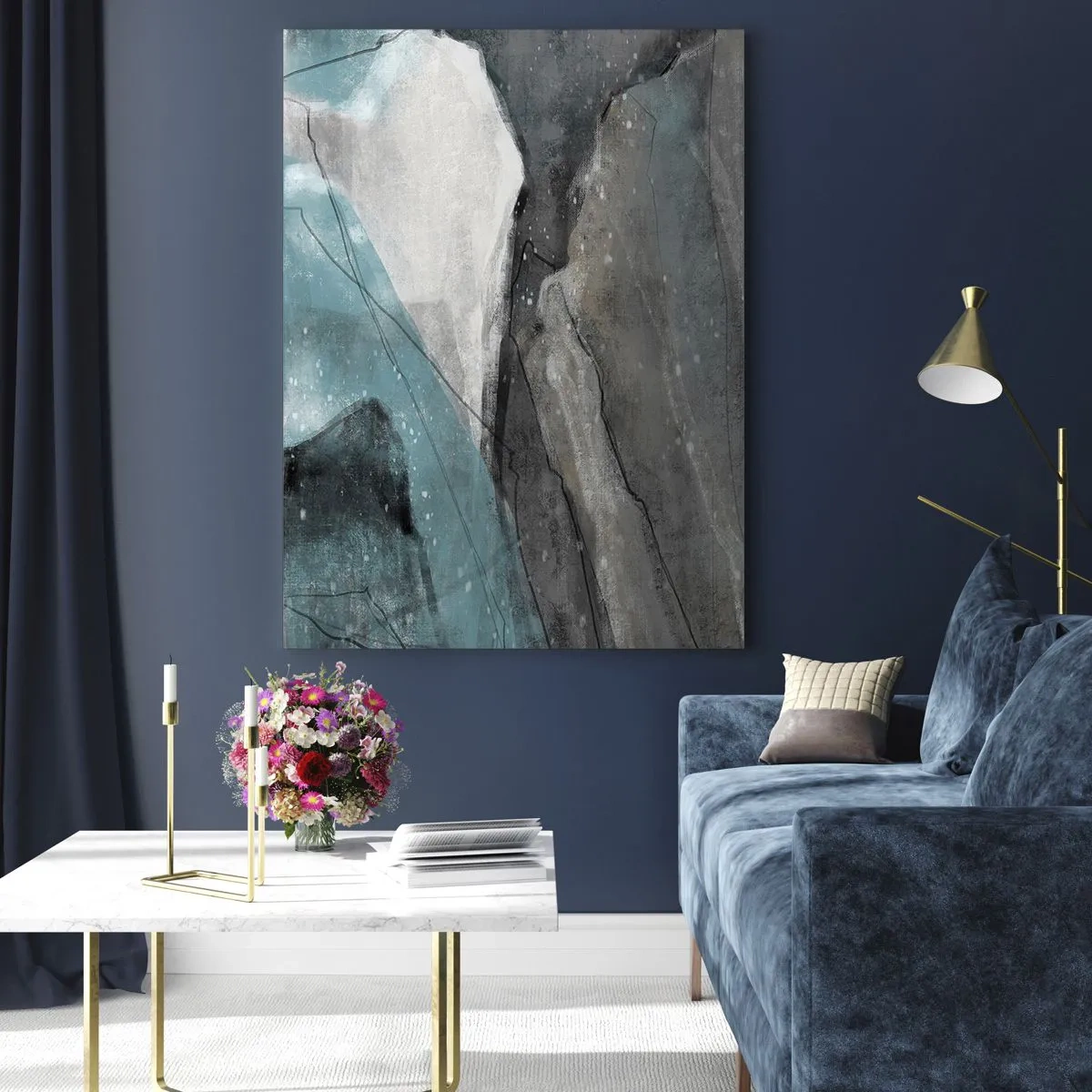 Cuadro sobre vidrio - Impresiones sobre Vidrio - Composición abstracta en tonos grises y azules. - 70x100cm - Abstracción: rocas y hielo - Decoración de pared moderna para salón y dormitorio ARTTOR