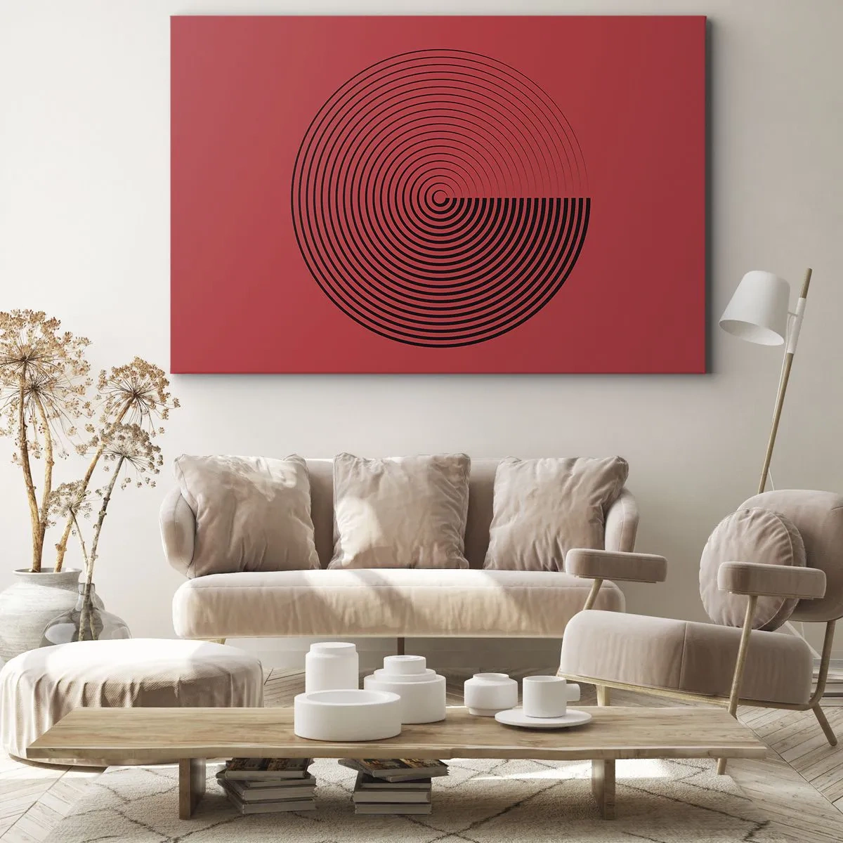 Cuadro sobre lienzo - Impresión de Imagen - Círculos concéntricos sobre fondo rojo - 70x50cm - Movimiento circular - Decoración de pared moderna para salón y dormitorio ARTTOR