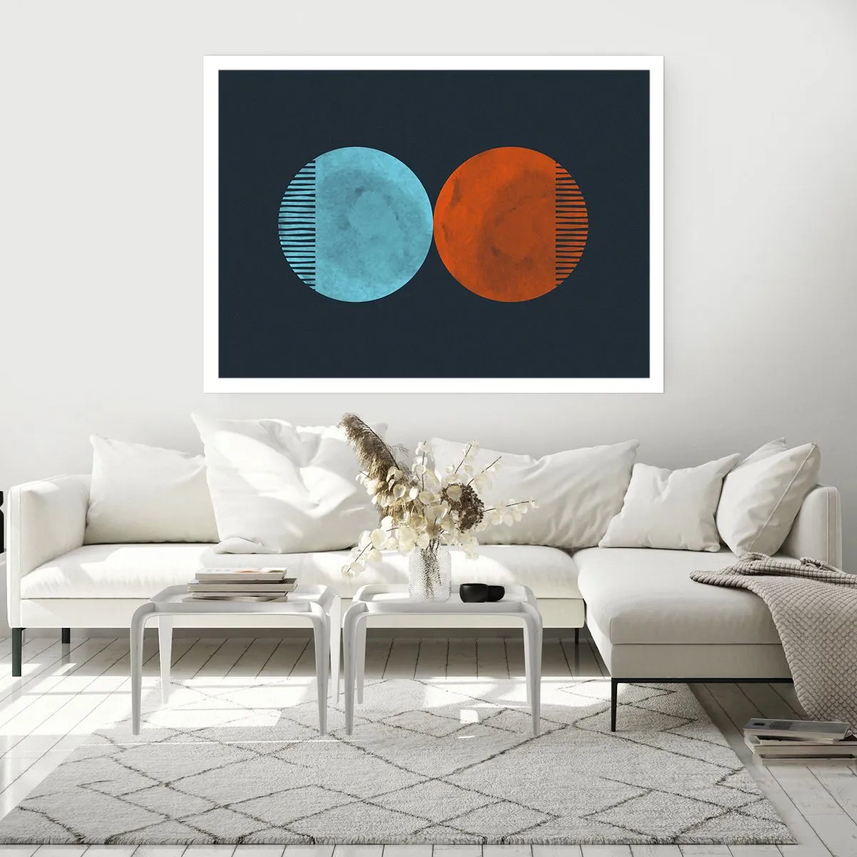 Póster - Diseño minimalista de dos ruedas en azul y naranja. - 100x70cm - ¿Solo geometría? - Decoración de pared moderna para salón y dormitorio ARTTOR