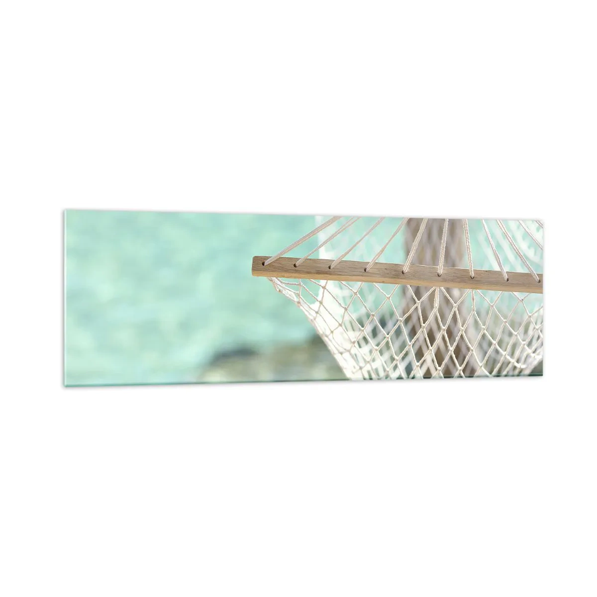 Cuadro sobre vidrio - Impresiones sobre Vidrio - Una hamaca con vistas al agua turquesa. - 160x50cm - Momento de relax - Decoración de pared moderna para salón y dormitorio ARTTOR