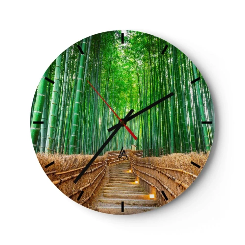 Reloj de pared - Reloj de vidrio - Escaleras en un bosque de bambú iluminadas por linternas. - 30x30cm - La esencia de la naturaleza asiática - Decoración de pared moderna para salón, cocina y dormitorio ARTTOR