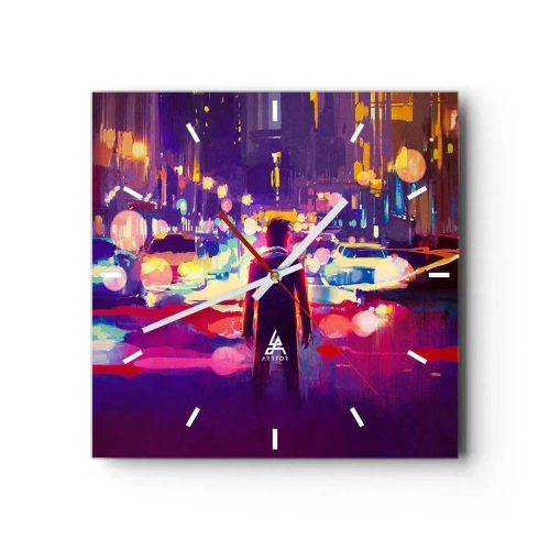 Reloj de pared - Reloj de vidrio - Un hombre en una escena nocturna de la ciudad de neón. - 30x30cm - Inmerso en la luz - Decoración de pared moderna para salón y dormitorio ARTTOR